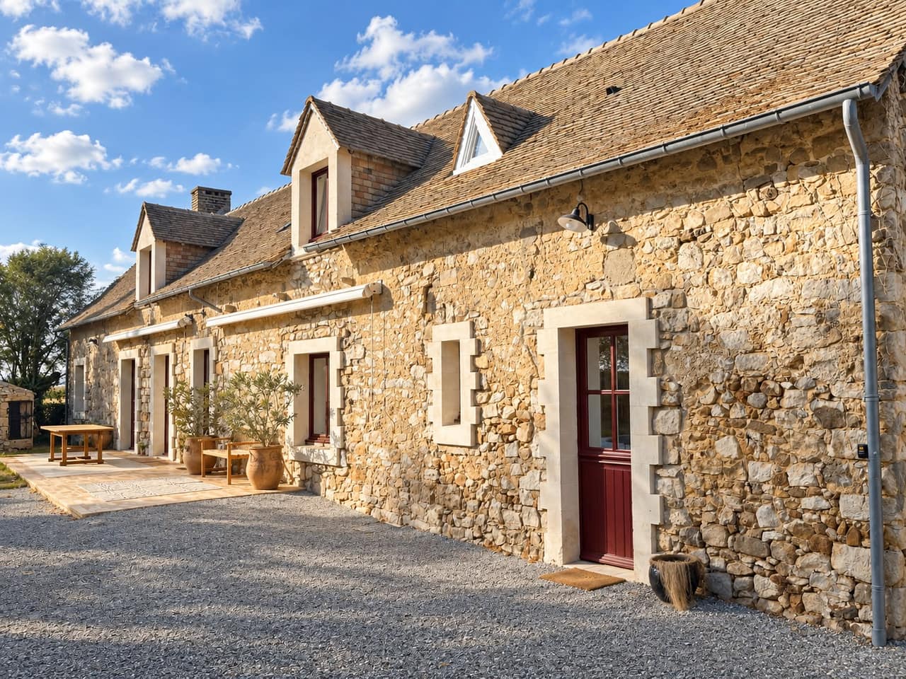 La longue façade en pierre du hameau du 16ᵉ siècle et ses lucarnes