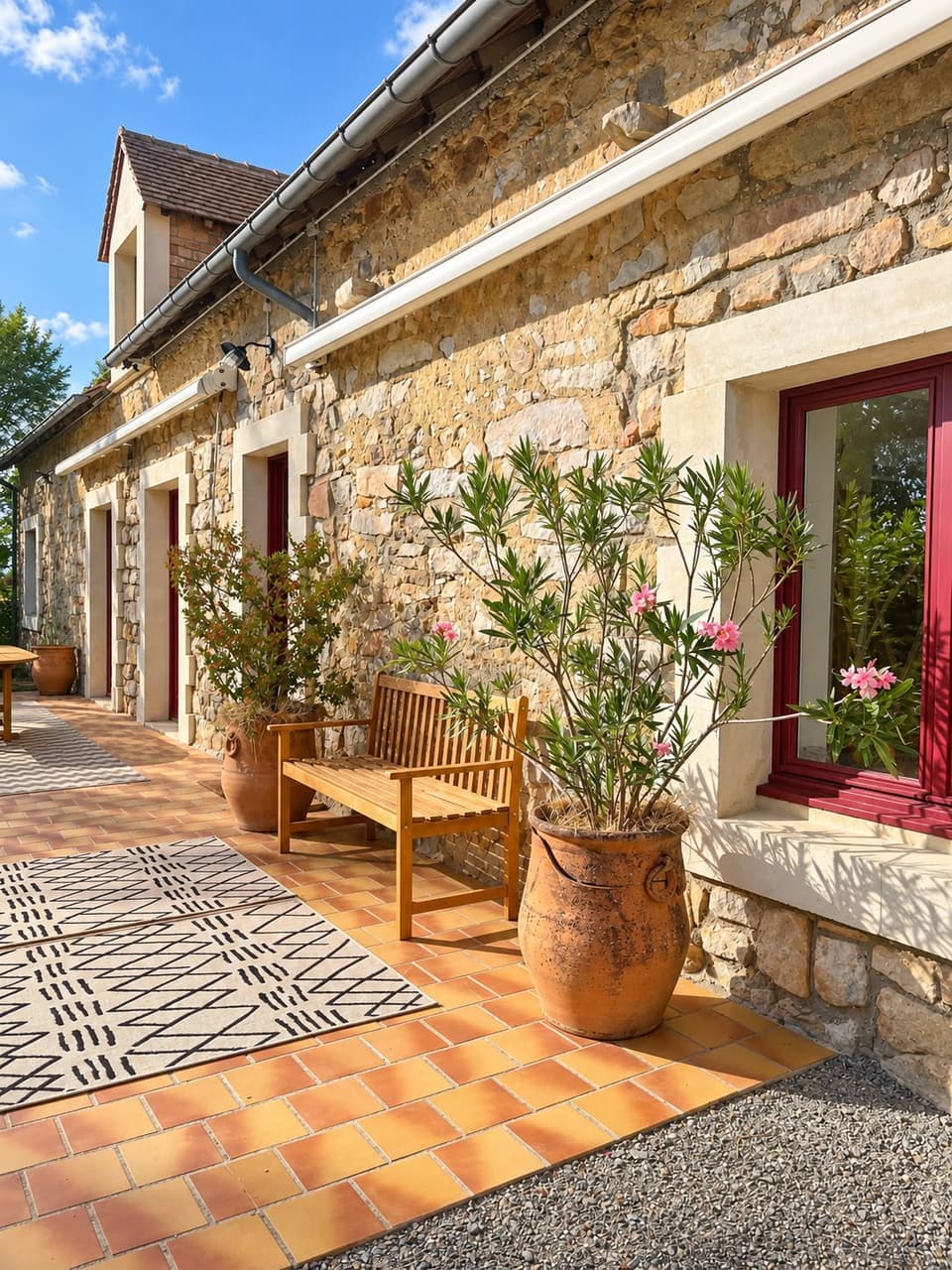 Terrasse en tomettes bordée de lauriers-roses en jarres, le long de la façade en pierre